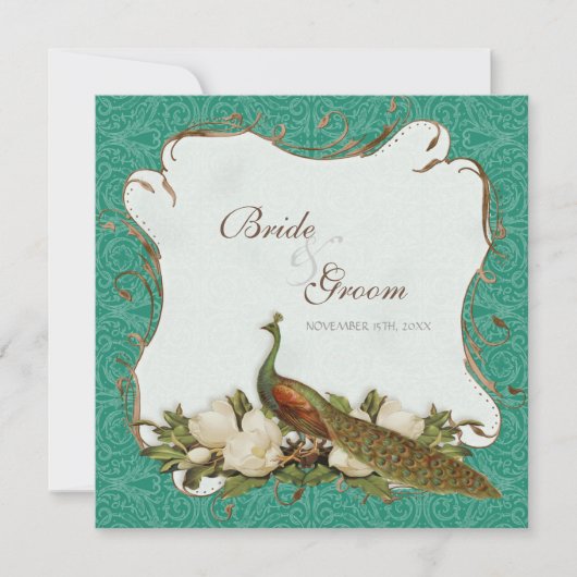 Peacock Magnolia Floral Swirl Damask Wedding Kaart (Voorkant)