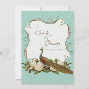 Peacock Magnolia Floral Swirl Damask Wedding Kaart