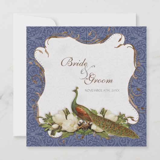 Peacock Magnolia Floral Swirl Damask Wedding Navy Kaart (Voorkant)