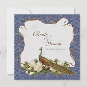 Peacock Magnolia Floral Swirl Damask Wedding Navy Kaart