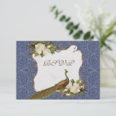 Peacock Magnolia Floral Swirl Damask Wedding Navy RSVP Kaartje (Staand voorkant)