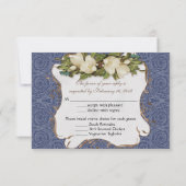 Peacock Magnolia Floral Swirl Damask Wedding Navy RSVP Kaartje (Achterkant)