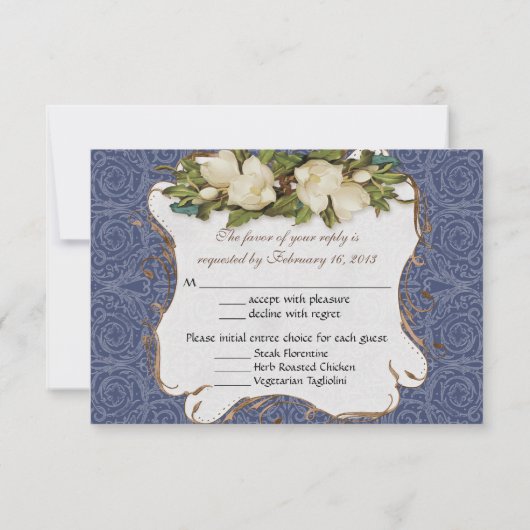 Peacock Magnolia Floral Swirl Damask Wedding Navy RSVP Kaartje (Achterkant)