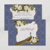 Peacock Magnolia Floral Swirl Damask Wedding Navy RSVP Kaartje (Voorkant / Achterkant)