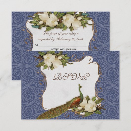 Peacock Magnolia Floral Swirl Damask Wedding Navy RSVP Kaartje (Voorkant / Achterkant)