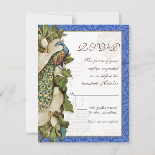 Peacock Magnolia Floral Swirl Damask Wedding RSVP (Voorkant)