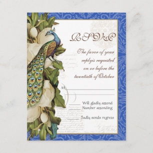 Peacock Magnolia Floral Swirl Damask Wedding RSVP Kaartje