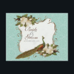Peacock Magnolia Floral Swirl Damask Wedding RSVP Kaartje<br><div class="desc">Deze elegante en geavanceerde RSVP-reactiekaart combineert de beste traditie en versheid van de hedendaagse. Het mengen van kunstelementen en het hedendaagse kunstwerk van de waterverf hand geschilderd door Audrey Jeanne Roberts geeft een prachtige en tijdloze kwaliteit aan deze uitnodiging. Een stately Peacock rusten op elegant handbeschilderde zwenken en kijkt naar...</div>