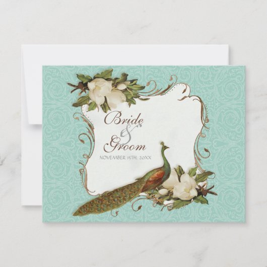 Peacock Magnolia Floral Swirl Damask Wedding RSVP Kaartje (Voorkant)
