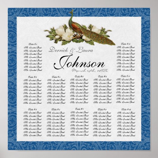 Peacock Magnolia Swirl Floral Damask Poster (Voorkant)