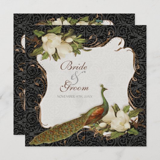  Peacock & Magnolia Swirls Bruiloft Uitnodigen Kaart (Voorkant / Achterkant)