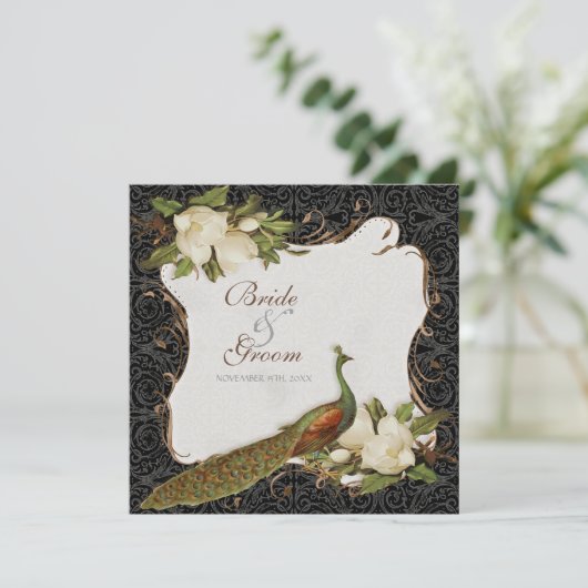  Peacock & Magnolia Swirls Bruiloft Uitnodigen Kaart (Staand voorkant)