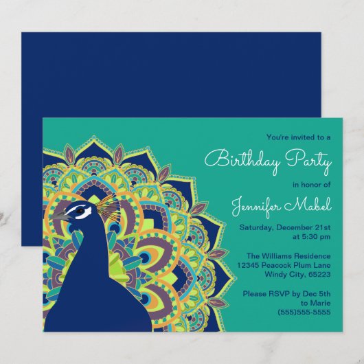 Peacock Mandala Birthday Party Uitnodiging (Voorkant / Achterkant)