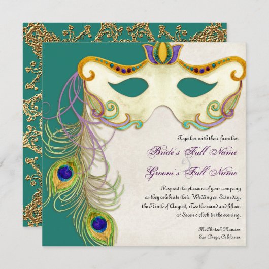 Peacock Masker Bal - Bruiloft uitnodiging (Voorkant / Achterkant)