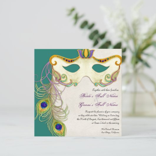 Peacock Masker Bal - Bruiloft uitnodiging (Staand voorkant)