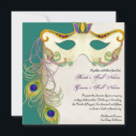Peacock Masker Bal - Bruiloft uitnodiging<br><div class="desc">Deze elegante en verfijnde masquerade bruiloft-uitnodiging heeft een rijke, elegante en mysterieuze oproep voor een bruiloft. Creëer met een handwaterverkleurd masker, versierd met zwenken en pekveren, en een getextureerde achtergrond met een volledig aanpasbare achtergrondkleur aan de voorzijde. Aan de achterkant is een "geslepen" lijst grens gemaakt van kunstelementen en een...</div>