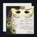 Peacock Masker Bal - Bruiloft uitnodiging<br><div class="desc">Deze elegante en verfijnde maskerade bruiloft uitnodiging heeft een rijke, elegante en mysterieuze aantrekkingskracht voor een thema bruiloft. Creëer met een hand waterkleurig masker versierd met wervelingen en pauwenveren, en een perkament gestructureerde achtergrond samen met een volledig aanpasbare achtergrondkleur aan de voorzijde. Op de achterzijde is een "verguld" lijsten rand...</div>