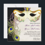 Peacock Masker Bal - Bruiloft uitnodiging<br><div class="desc">Deze elegante en verfijnde maskerade bruiloft uitnodiging heeft een rijke, elegante en mysterieuze aantrekkingskracht voor een thema bruiloft. Creëer met een hand waterkleurig masker versierd met wervelingen en pauwenveren, en een perkament gestructureerde achtergrond samen met een volledig aanpasbare achtergrondkleur aan de voorzijde. Op de achterzijde is een "verguld" lijsten rand...</div>