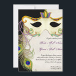 Peacock Masker Bal - Bruiloft uitnodiging<br><div class="desc">Deze elegante en verfijnde masquerade bruiloft-uitnodiging heeft een rijke, elegante en mysterieuze oproep voor een bruiloft. Creëer met een handwaterverkleurd masker, versierd met zwenken en pekveren, en een getextureerde achtergrond met een volledig aanpasbare achtergrondkleur aan de voorzijde. Aan de achterkant is een "geslepen" lijst grens gemaakt van kunstelementen en een...</div>