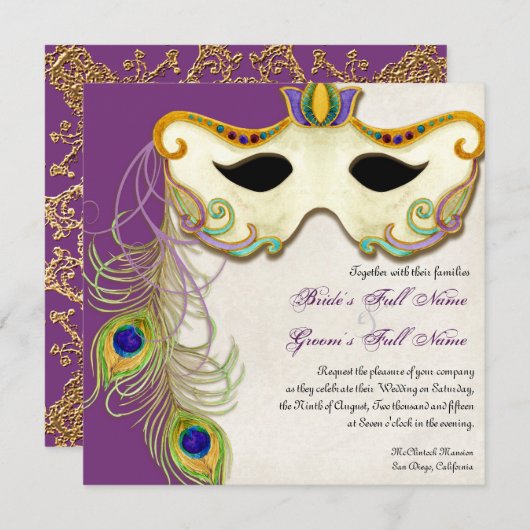 Peacock Masker Bal - Bruiloft uitnodiging (Voorkant / Achterkant)