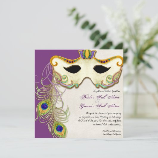 Peacock Masker Bal - Bruiloft uitnodiging (Staand voorkant)