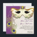 Peacock Masker Bal - Bruiloft uitnodiging<br><div class="desc">Deze elegante en verfijnde masquerade bruiloft-uitnodiging heeft een rijke, elegante en mysterieuze oproep voor een bruiloft. Creëer met een handwaterverkleurd masker, versierd met zwenken en pekveren, en een getextureerde achtergrond met een volledig aanpasbare achtergrondkleur aan de voorzijde. Aan de achterkant is een "geslepen" lijst grens gemaakt van kunstelementen en een...</div>