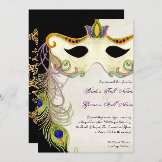 Peacock Masker Bal - Bruiloft uitnodiging (Voorkant / Achterkant)