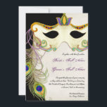 Peacock Masker Bal - Bruiloft uitnodiging<br><div class="desc">Deze elegante en verfijnde masquerade bruiloft-uitnodiging heeft een rijke, elegante en mysterieuze oproep voor een bruiloft. Creëer met een handwaterverkleurd masker, versierd met zwenken en pekveren, en een getextureerde achtergrond met een volledig aanpasbare achtergrondkleur aan de voorzijde. Aan de achterkant is een "geslepen" lijst grens gemaakt van kunstelementen en een...</div>