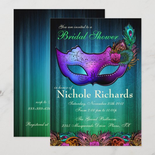 Peacock Masquerade Bridal Shower Uitnodiging (Voorkant / Achterkant)