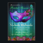 Peacock Masquerade Bridal Shower Uitnodiging<br><div class="desc">Peacock Masquerade Bridal Shower Uitnodiging. Een fancy en elegante uitnodiging met een blauwe en groene achtergrond. De onderkant bevat verschillende regenboogkleurige vredesveren en rozen. Een elegant paars masker is gecentreerd op de uitnodiging met de verschillende regenbooggekleurde vredesveren rond de randen ervan. De maskerogen zijn gehuld met neusdeeltjes (neusdeeltjes). Dit is...</div>