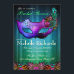 Peacock Masquerade Bridal Shower Uitnodiging<br><div class="desc">Peacock Masquerade Bridal Shower Uitnodiging. Een fancy en elegante uitnodiging met een blauwe en groene achtergrond. De onderkant bevat verschillende regenboogkleurige vredesveren en rozen. Een elegant paars masker is gecentreerd op de uitnodiging met de verschillende regenbooggekleurde vredesveren rond de randen ervan. De maskerogen zijn gehuld met neusdeeltjes (neusdeeltjes). Dit is...</div>