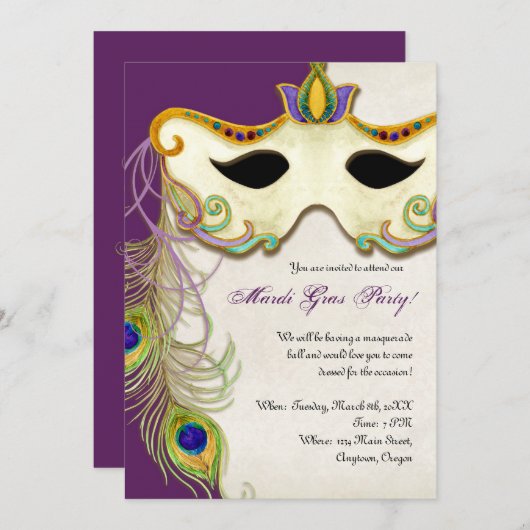 Peacock Masquerade Mask Ball - Mardi Gras Party Kaart (Voorkant / Achterkant)