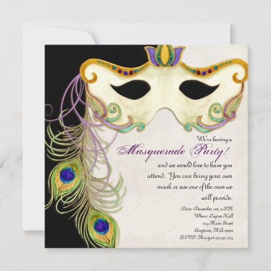 Peacock Masquerade Mask Ball - Party Invitation Kaart (Voorkant)