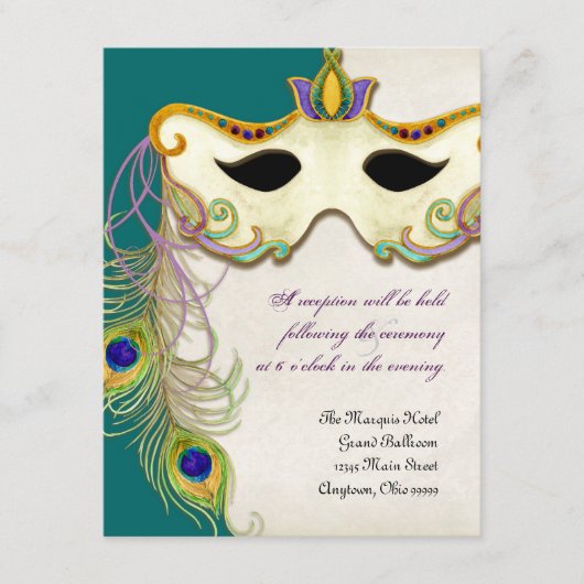 Peacock Masquerade Masker Ball - RSVP-reactiekaart Informatiekaartje (Voorkant)