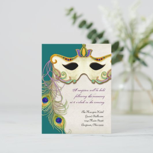 Peacock Masquerade Masker Ball - RSVP-reactiekaart Informatiekaartje (Staand voorkant)