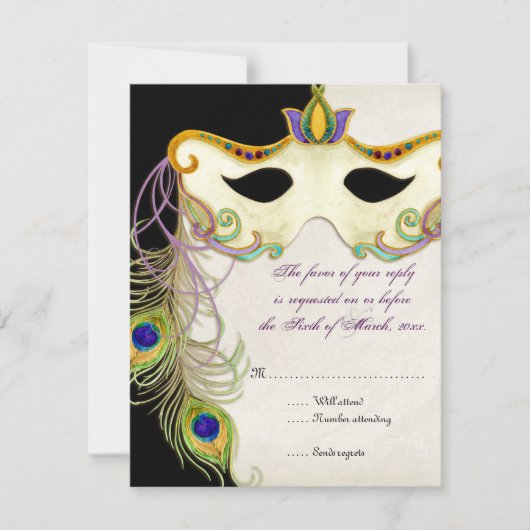 Peacock Masquerade Masker Ball - RSVP-reactiekaart RSVP Kaartje (Voorkant)