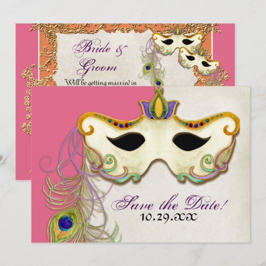 Peacock Masquerade Masker Ball - Save the Date Kaa (Voorkant / Achterkant)