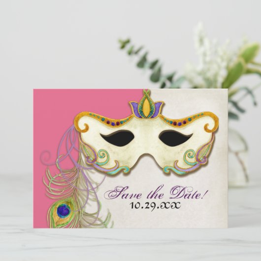 Peacock Masquerade Masker Ball - Save the Date Kaa (Staand voorkant)