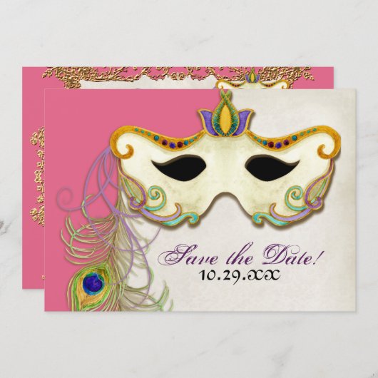 Peacock Masquerade Masker Ball - Save the Date Kaa (Voorkant / Achterkant)