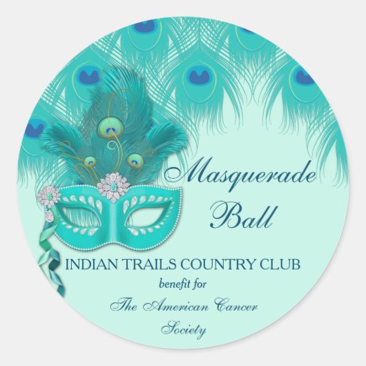 Peacock Masquerade Party Ball Turquoise Feathers Ronde Sticker (Voorkant)