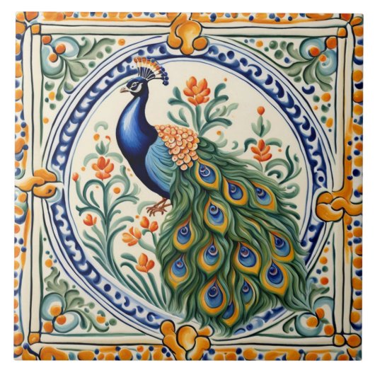 Peacock Mediterraan Geel & Blauw Folk Bloemen Tegeltje (Voorkant)