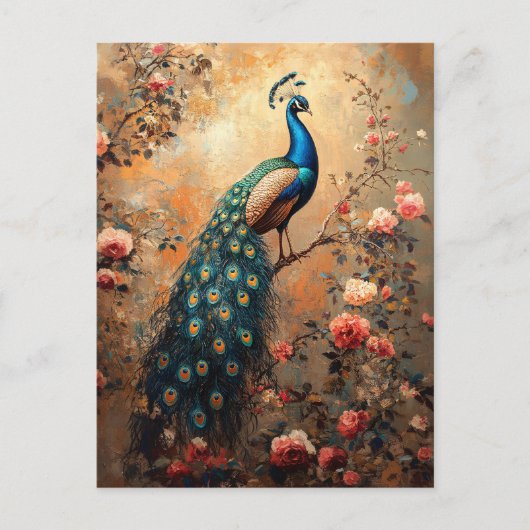 Peacock met Blush Pink Roses Schilderij Briefkaart (Voorkant)