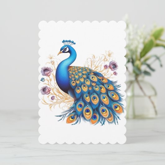 Peacock met paarse bloemen feestdagenkaart (Staand voorkant)