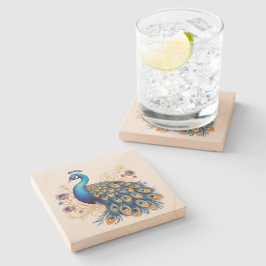 Peacock met paarse bloemen stenen onderzetter (Zijkant)