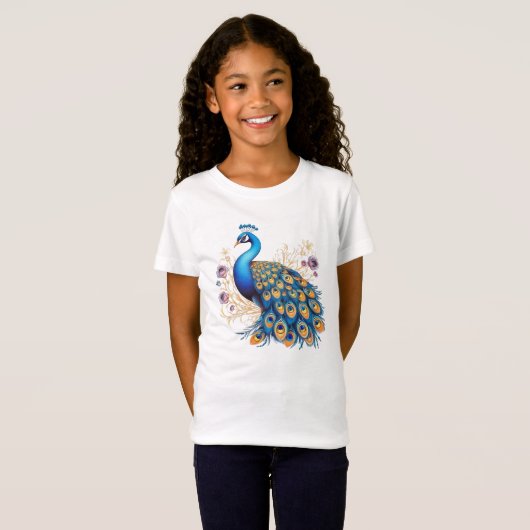 Peacock met paarse bloemen t-shirt (Voorkant volledig)