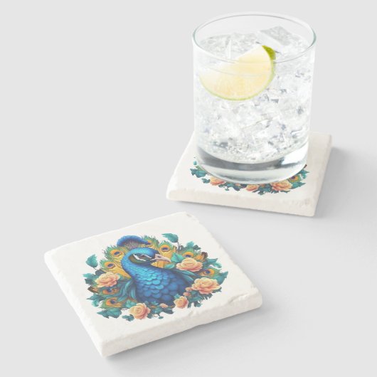 Peacock met perzik Rozen Stenen Onderzetter (Zijkant)