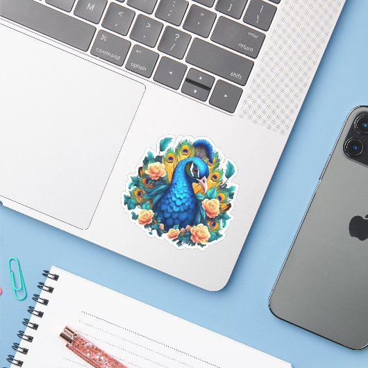 Peacock met perzik Rozen Sticker (Laptop met iPhone)