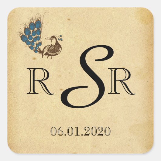 Peacock Monogram Bruiloft Monogram Vierkante Sticker (Voorkant)