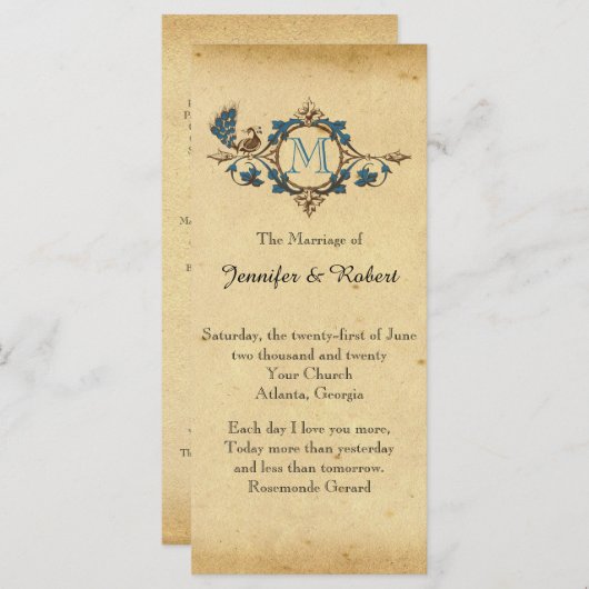  Peacock Monogram Trouwprogramma Programmakaart (Voorkant / Achterkant)