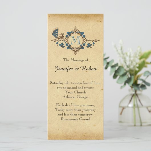  Peacock Monogram Trouwprogramma Programmakaart (Staand voorkant)